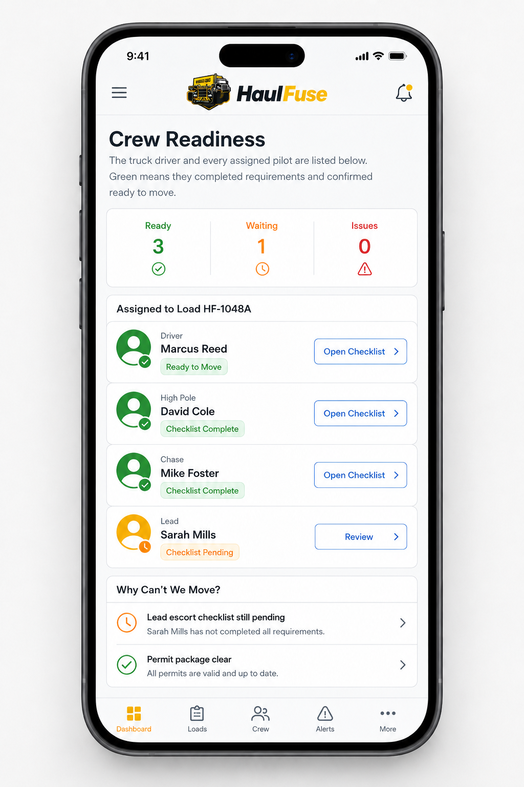 HaulFuse crew readiness screen showing ready, waiting, and movement blocker status for assigned roles