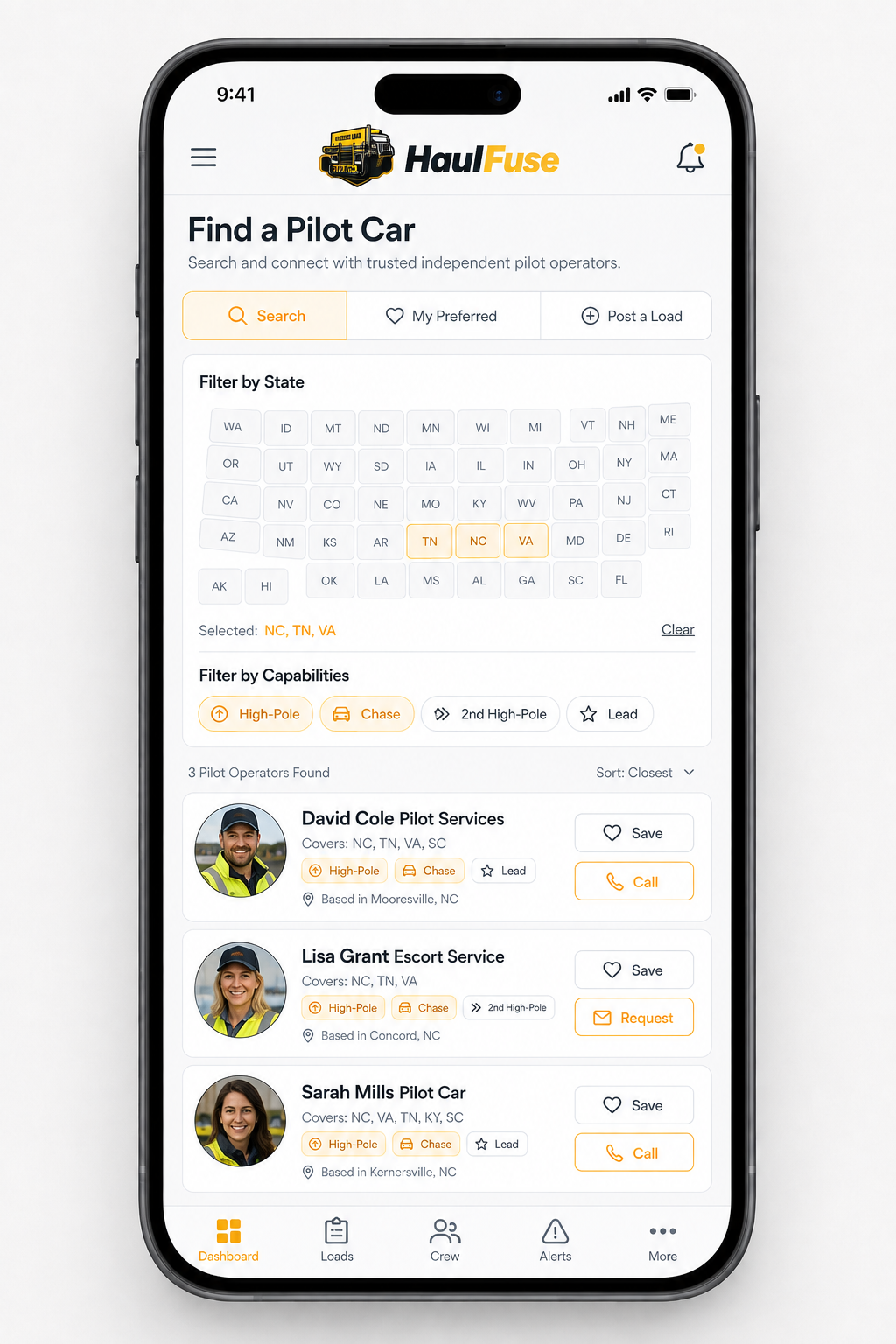 HaulFuse Pilot Marketplace search screen showing state and capability filters and independent pilot listings